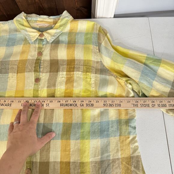 Soft Surroundings Avalon Plaid 100% Linen Button Up Shirt 2X Yellow Green Relax - Picture 7 of 7